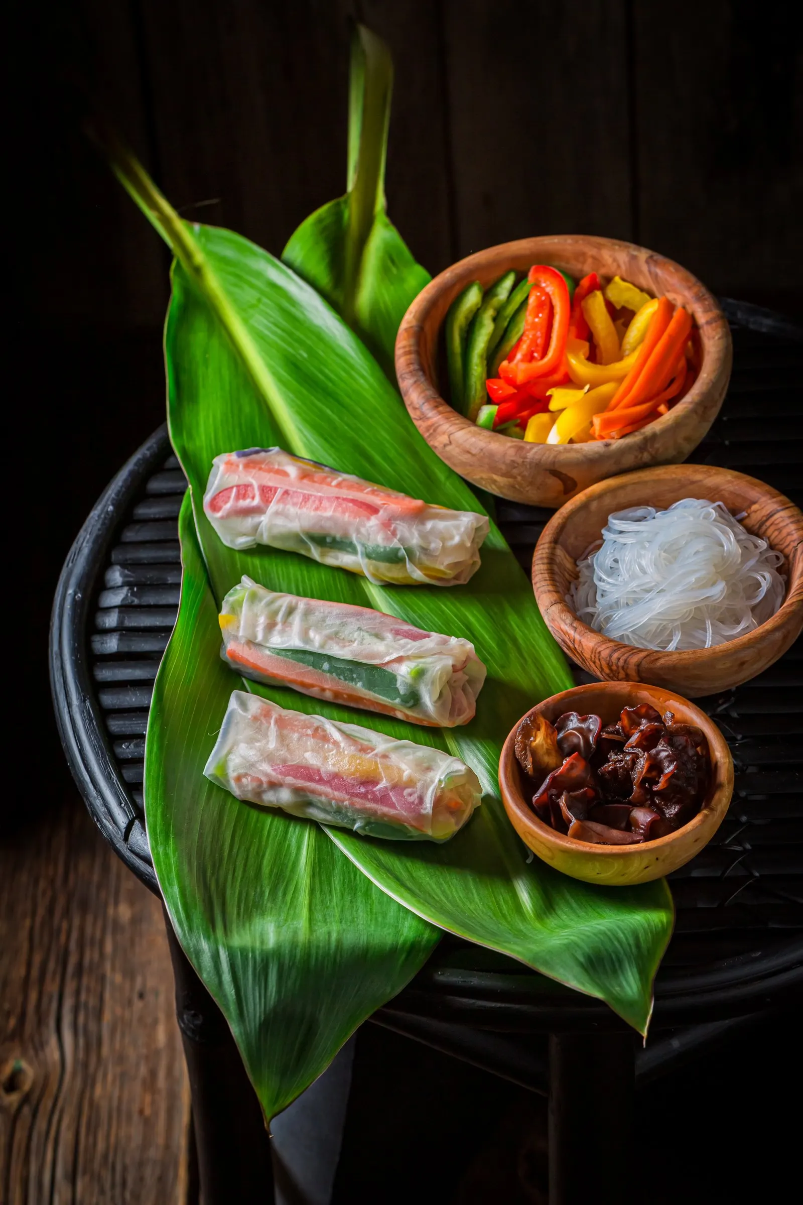 Fresh summer roll ingredients — herbs, vermicelli and rice paper